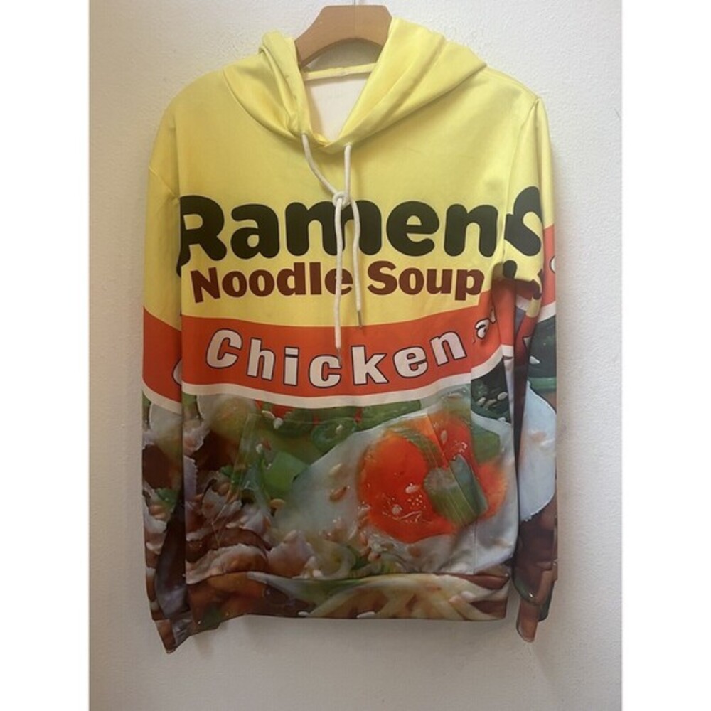VINTAGE MENS RAMEN CHICKEN NOODLE SOUP YELLOW HOODIE SIZE LARGE (L9)
